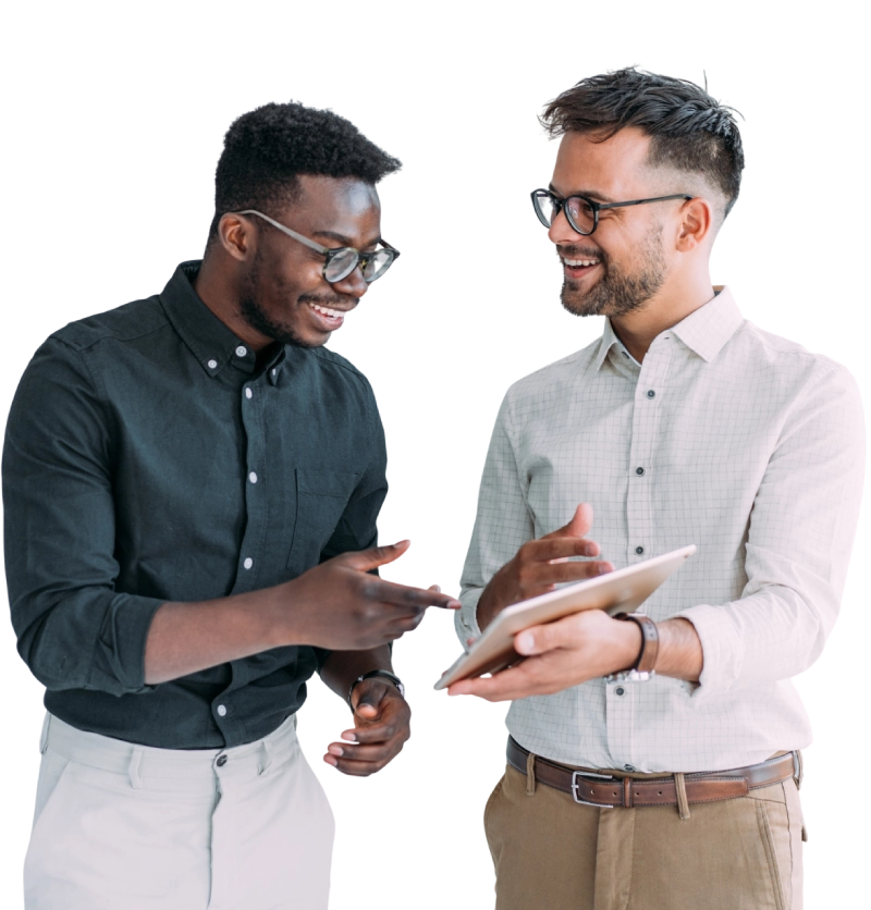 Two men in glasses discussing something on a tablet.