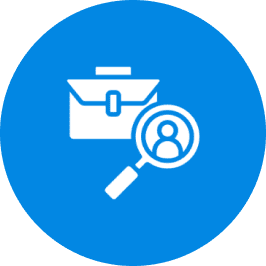 Blue icon with briefcase and magnifying glass highlighting user profile.