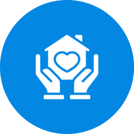 Hands holding a house with a heart symbol inside, representing care and protection.