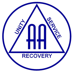 AA logo featuring a triangle and circle symbolizing unity, service, and recovery.