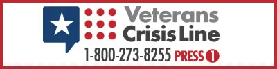 Veterans Crisis Line helpline banner with phone number.